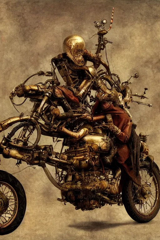 Prompt: full color hd photo of a motorcycle, octane render 4 k, by hieronymus bosch, joel peter witkin, annie liebovitz. gustave dore, hr giger, zdzisław beksinski, epic, artstation, cgisociety, weta, disney