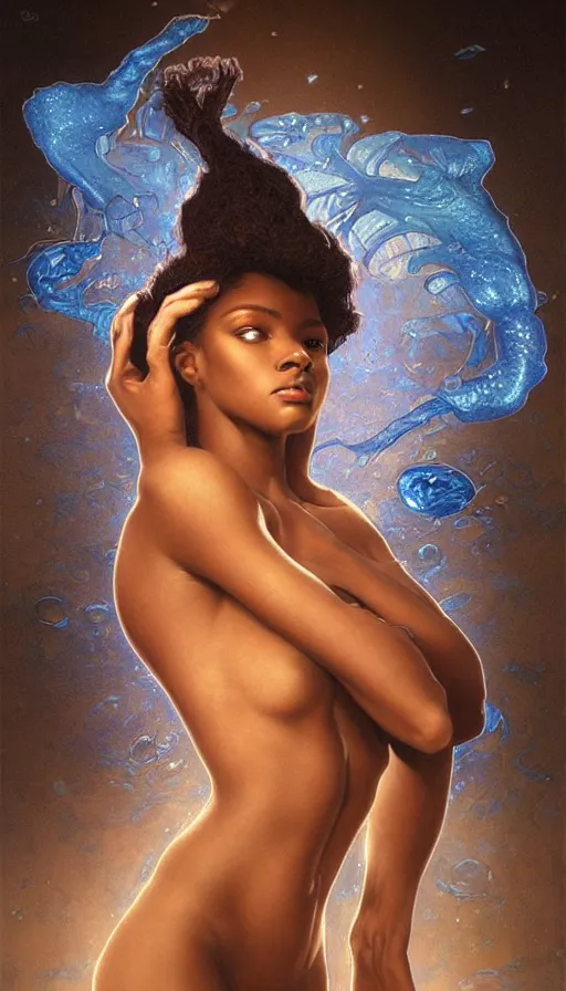 Image similar to Portrait of a beautiful dark skinned mermaid, mermaid, realistic, photo real, blue lighting, intricate, elegant, highly detailed, digital painting, artstation, smooth, sharp focus, illustration, art by artgerm and greg rutkowski and alphonse mucha and Wayne Barlowe and william-adolphe bouguereau