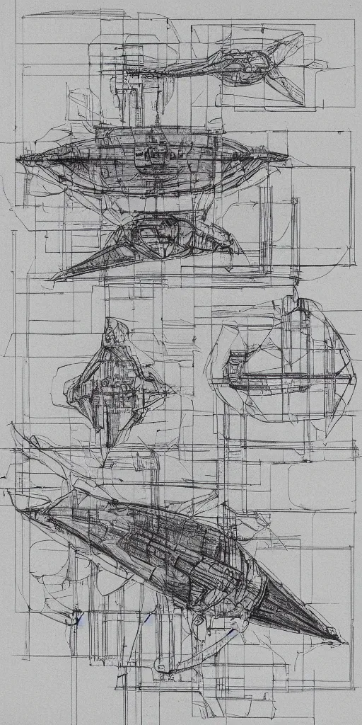 Prompt: Leonardo dav vinci intricate full page scan blueprint of concept art spacecraft, with gun emplacements on grey paper sketch ink style with dark background :: ultra-detailed technical precision :: mixed media with white and silver lines, realistic composition, point of interest at golden ratio, light from right, more darkness on the bottom, monumentally art composition, high quality of sketching with subtle hairlines, highly detailed rounded forms, inside out and outside in, octane render