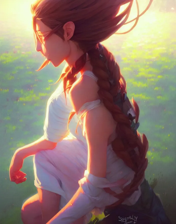 Image similar to super epically depicted color pencil portrait art of aerith gainsborough, by stephen bliss, greg rutkowski, loish, rhads, makoto shinkai and lois van baarle, ilya kuvshinov, rossdraws.