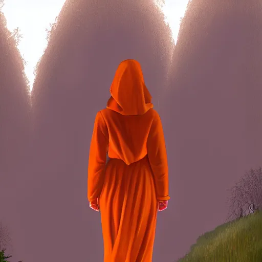 Prompt: Little Orange Riding Hood wear a dress in the valley, dark ambient beautiful, 8k resolution, road into the forest with a lake, detailed painting, art style by Edward Hopper daring, incredible, trending on Artstation