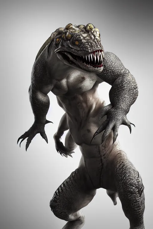 Image similar to Renekton from League of Legends, photorealistic full body, studio lighting, white ambient background, highly detailed