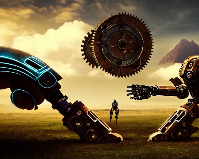 Image similar to two giand futuristic Sci-Fi robot fighting each other, landscape, steampunk, gears, close up, cloudy, mountains on background, peaceful day