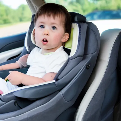 Prompt: A kid in a booster seat asking Are we there yet?