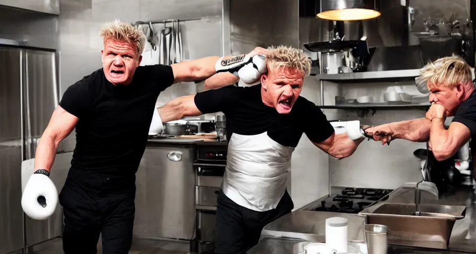 Image similar to photo of angry furious Gordon Ramsay punching Gordon Ramsay at the kitchen