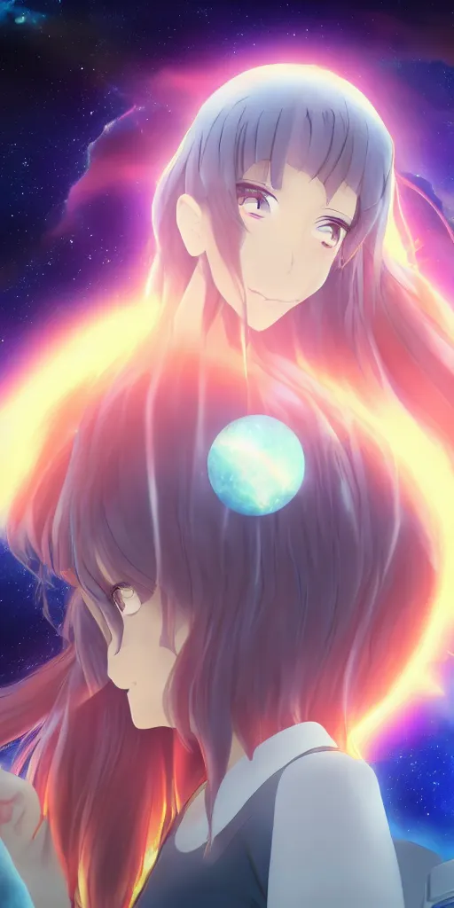 Image similar to anime girl in space staring at a nebula exploding in the distance, close-up side-view face shot