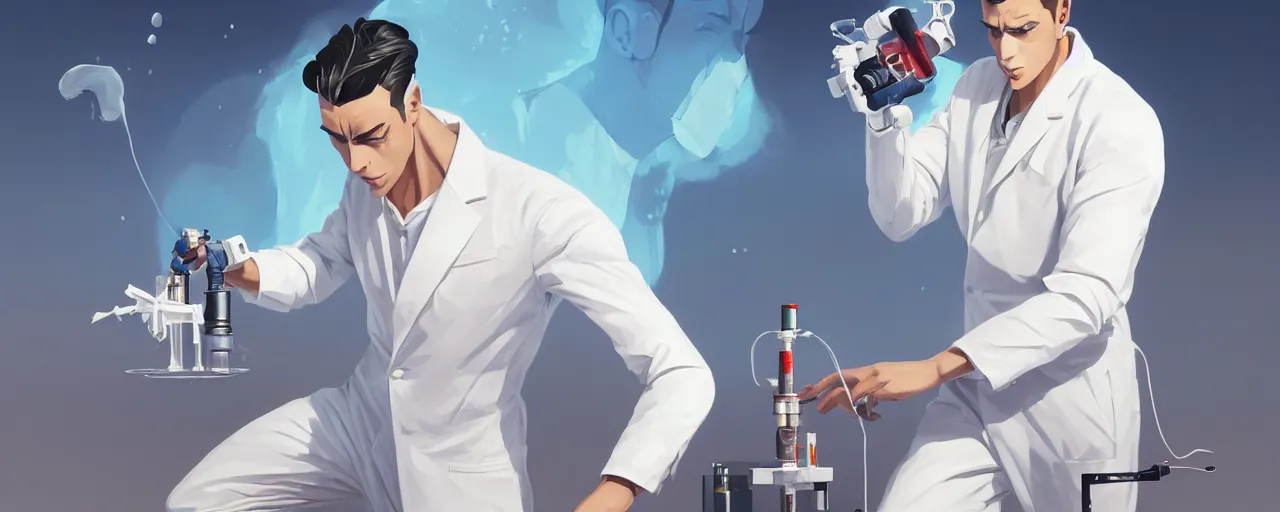 Image similar to stoic heroic emotionless butch young man scientist with short slicked - back hair, making an experiment - wearing white suit, wearing jetpack, digital art, solid white background, behance hd by jesper ejsing, by rhads, makoto shinkai and lois van baarle, ilya kuvshinov, rossdraws global illumination.