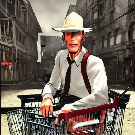 Image similar to nick valentine is sitting in a shopping cart