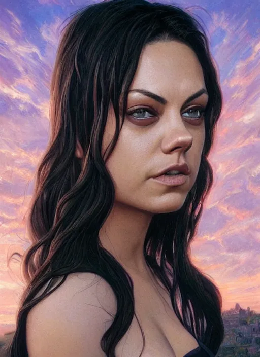 Image similar to epic portrait of Mila Kunis wearing black choker, a very strong muscled Amazon heroine, sun beams across sky, pink golden hour, intricate, elegance, highly detailed, shallow depth of field, epic vista, concept art, art by Artgerm and Donato Giancola, Joseph Christian Leyendecker