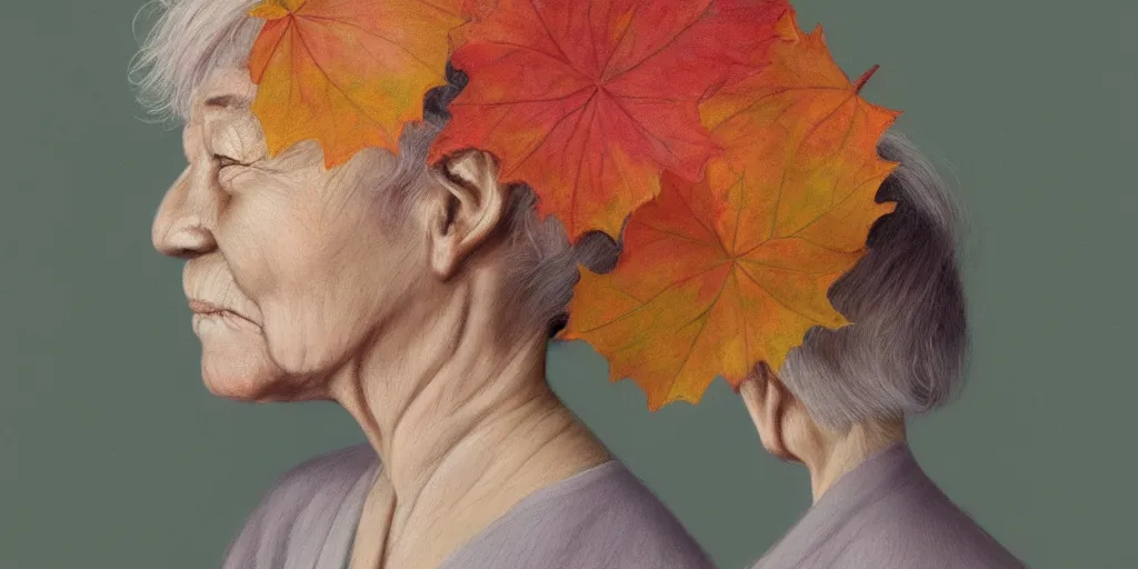 Prompt: detailed pastel colors portrait of an old woman with autumn leaves hair, by hsiao - ron cheng, fine detail, 8 k