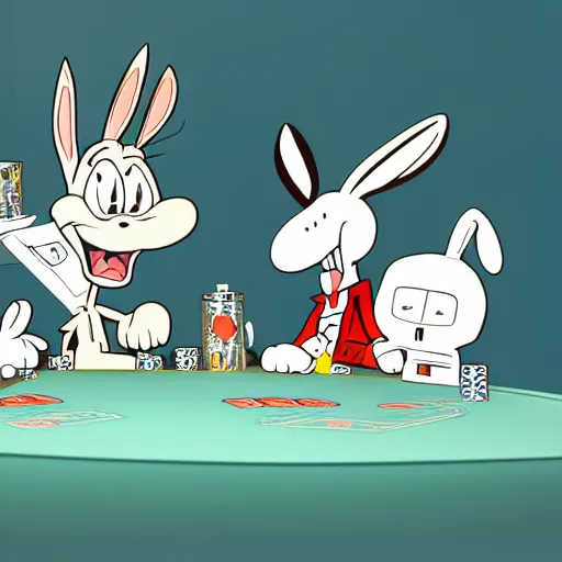 Prompt: a highly detailed vector picture of bugs bunny and captain cruch and snoopy and bender playing poker, art by cassius marcellus coolidge and jacque - louis david, volumetric lighting, octane render, 4 k resolution, trending on artstation, masterpiece