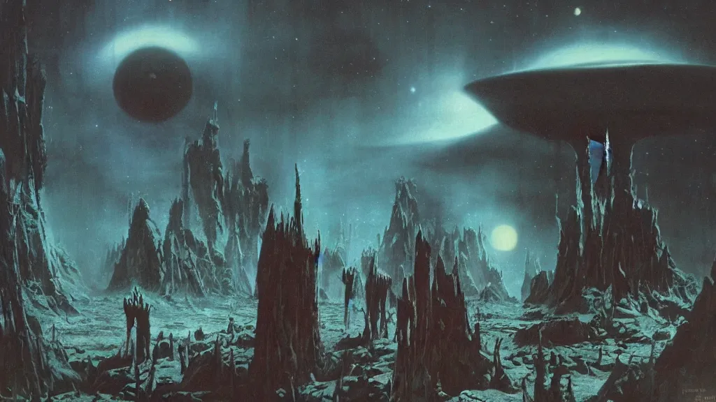 Image similar to eerie atmospheric alien planet empire by jack gaughan and bob eggleton and chris moore, epic cinematic matte painting