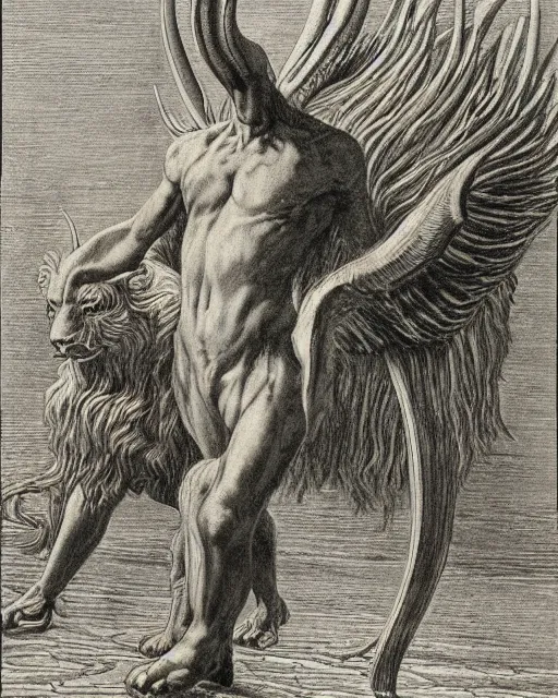 Prompt: a creature with the body and eyes of a man, with the beak of an eagle, the mane of a lion, and the horns of an ox. drawn by jean delville