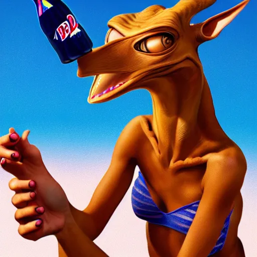 Image similar to Cute feminine JarJar Binks wearing a bikini and drinking pepsi, hyperrealistic, photorealistic, concept art, 4k, ultra hd, deviantart, satanic, pagan, beautiful. in the style of Caspar David Friedreich