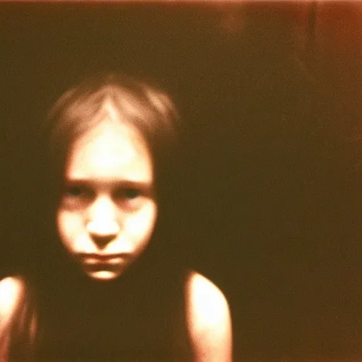Prompt: Photograph of the creepy girl from Ringu, dark, no lights, moist, taken using a film camera with 35mm expired film, bright camera flash enabled, award winning photograph, creepy, liminal space
