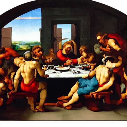 Image similar to the last dinner, painting by Michelangelo