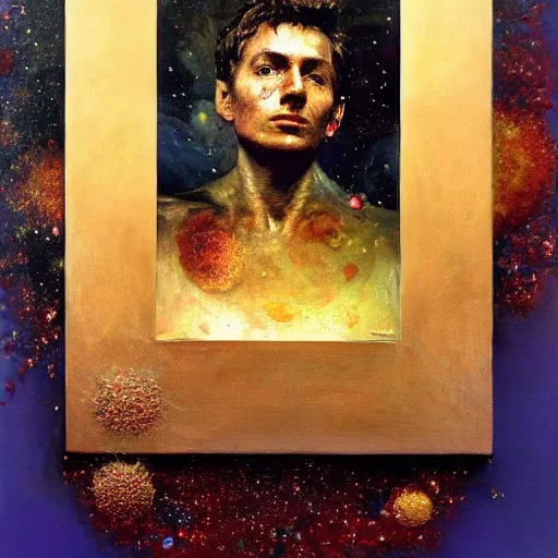 Image similar to a sculpture portrait made of stars and dust and molecules and atoms, painting part by wojciech siudmak, part by ilya repin, part by max ernst, part by norman rockwell, artstation