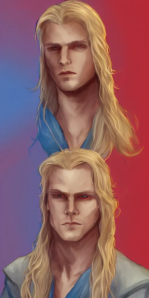 Prompt: portrait of a handsome gorgeous male satanic blonde haired hippie with long hair and blue eyes as the human prince of satan and lucifer, artstation