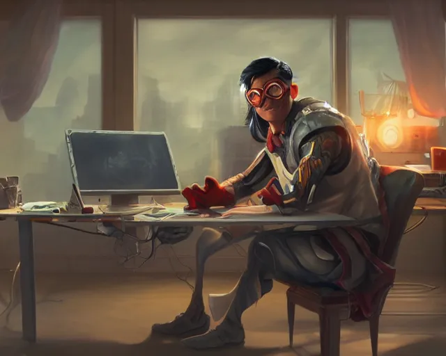 Image similar to an insanely detailed painting of a nerdy asian man wearing a superhero costume, sitting at a desk, staring at the nervously at the computer and typing, in the style of peter mohrbacher, dramatic lighting and composition, surreal background, octane render, pixar, trending on artstation, concept art, comic book, view from behind