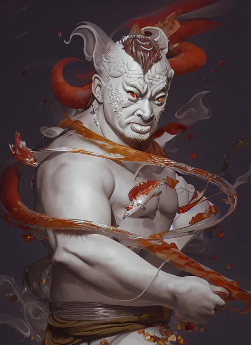 Prompt: subsurface scattering, white, koi, samurai deity with floating hands, by jesper ejsing, james jean, justin gerard, tomasz alen kopera, cgsociety and fenghua zhong, highly detailed, rim light, cinematic lighting, illustration, art, octane render, very coherent, cinematic, hyper realism, high detail, 8 k