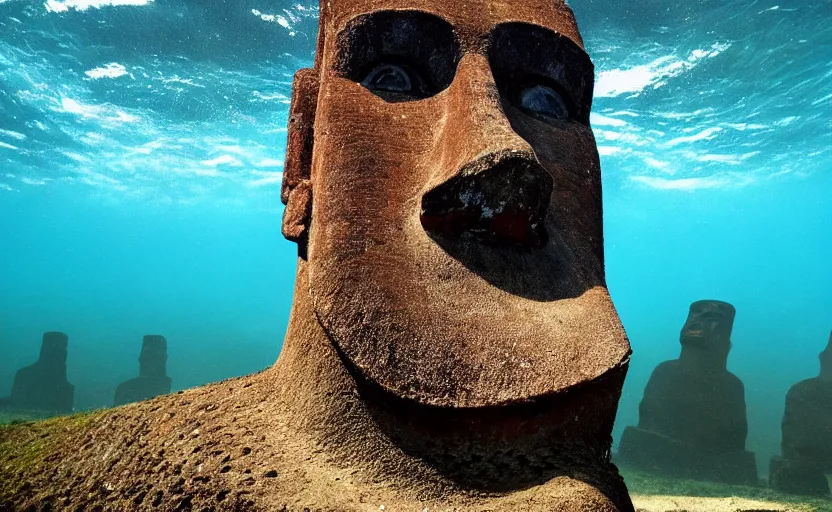 Prompt: easter island statue, underwater, sunken, photography
