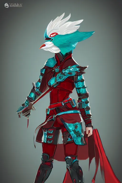 Image similar to female adventurer in tight full - body teal leather armor of japanese design with red accents and a white porcelain crow mask, trending in artstation, japanese, artstation, establishing shot