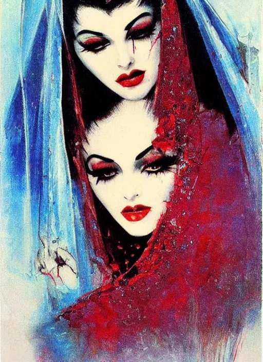 Image similar to portrait of svelt iranian vampiress, jeweled veil, strong line, saturated color, beautiful! coherent! by frank frazetta, high contrast, blood splatter background