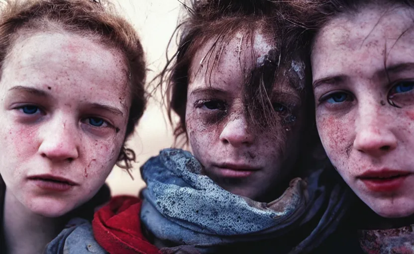 Prompt: cinestill 5 0 d photographic portrait by helen levitt of a white and mixed female android adult couple wearing rugged black techwear in a brilliant cyberpunk city, extreme closeup, modern cyberpunk, dust storm, 8 k, hd, high resolution, 3 5 mm, f / 3 2, ultra realistic faces, intricate detail, ex machina