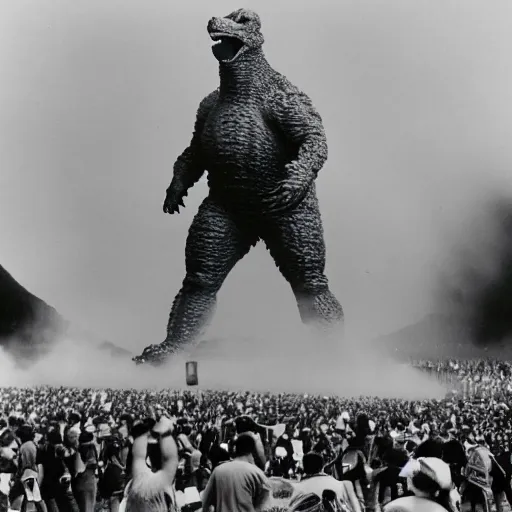 Image similar to a human sized Godzilla performing on stage at Woodstock, photo