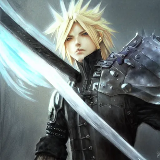 Prompt: cloud strife portriat artgerm and greg rutkowski and luis royo