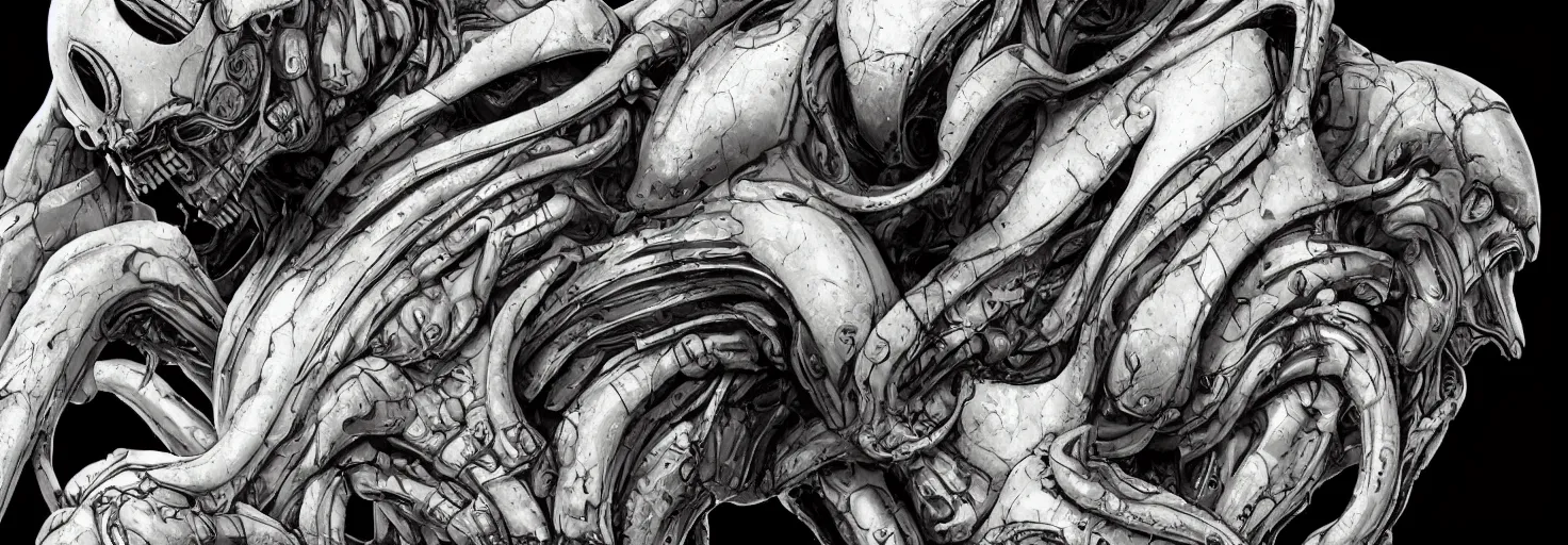 Image similar to engineer prometheus face by Artgerm, xenomorph alien, highly detailed, symmetrical long head, blood color, smooth marble surfaces, detailed ink illustration, raiden metal gear, cinematic smooth stone, deep aesthetic, concept art, post process, 4k, carved marble texture and silk cloth, latex skin, highly ornate intricate details, prometheus, evil, moody lighting, hr geiger, hayao miyazaki, indsutrial Steampunk