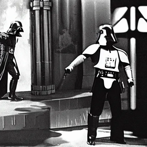 Prompt: Fight between Luke and Darth Vader in the silent movie version of Star Wars (1921) by Fritz Lang, in front of a set reminiscent of Metropolis