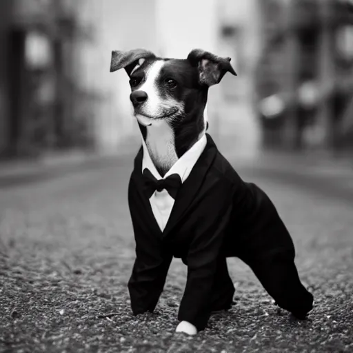 Prompt: a dog wearing a suit in a nightmare, black and white