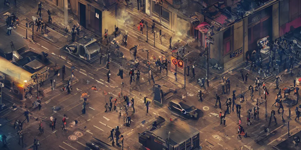 Prompt: aerial isometric photo, riot in a cyberpunk city, police use special equipment against the crowd on a square, high detail art, evening, police sirens in smoke, dark environment