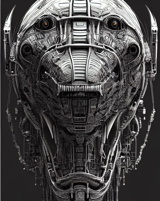 Prompt: mechanical robot trex transformer dinosaur head, bold line symmetrical illustration by peter gric, hr giger, kim jung gi, joe fenton, scifi, screen print, art station, pistons and engine parts, sharp, high contrast, hyper detailed,