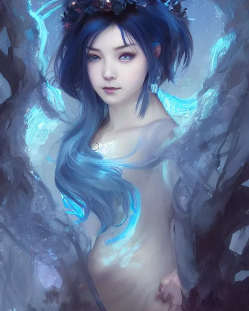 Image similar to stunningly beautiful female blue hair, cute korean actressr, fantasy art, fae priestess, lush dark forest landscape, fireflys at night, sharp focus, digital painting, 8 k, concept art, art by wlop, artgerm, greg rutkowski and alphonse mucha