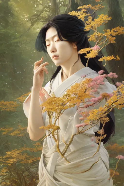 Image similar to Japanese goddess of nature, accurate anatomy, only two hands, highly detailed, digital painting, artstation, concept art, smooth, sharp focus, illustration, Unreal Engine 5, 8K, art by Ross Tran and greg rutkowski and alphonse Mucha