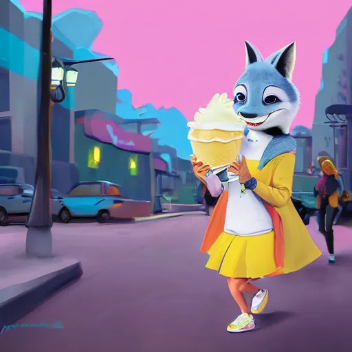 Prompt: furry art of female shark walking down the street holding an icecream cone, digital art, artstation, 4K, detailed, wearing yellow hoodie, zootopia, detailed face, anthromorphic,