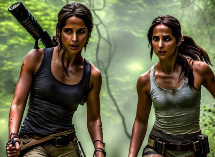 Image similar to film still of!!!! naomi scott!!! as lara croft in new tomb raider movie, 8 k