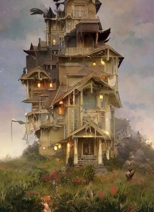 Image similar to a hyper realistic house on a hill distant explosions, gorgeous lighting, lush foliage, painting by chiara bautista and tom bagshaw, mucha, beksinski and norman rockwell and greg rutkowski weta studio, and lucasfilm