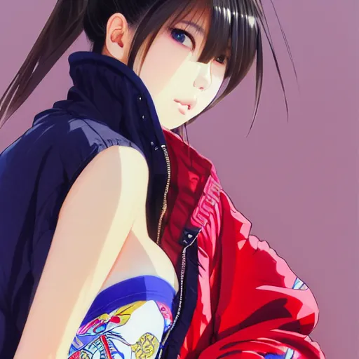 Image similar to a beautiful japanese lalisa alluring gravure model, wearing oversized designer bomber jacket and leotard, bulky poofy bomber jacket with mesoamerican patterns, mesoamerican native street fashion, gapmoe yandere grimdark, trending on pixiv fanbox, painted by greg rutkowski makoto shinkai takashi takeuchi studio ghibli, akihiko yoshida