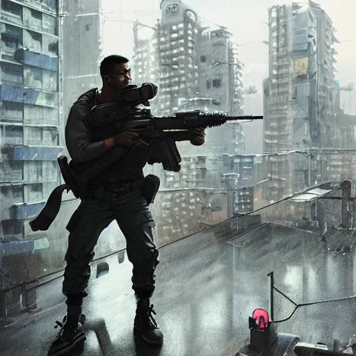 Prompt: A broad shouldered, muscular man wearing Reindeelusion Steven Cargo pants and Nike Tech fleece Shirt and Nike Acronym presto sneakers, rooftop, sniper rifle stationed in background, Police sirens shining in far background, high quality, digital art, dirty cyberpunk city, rain, greg rutkowski