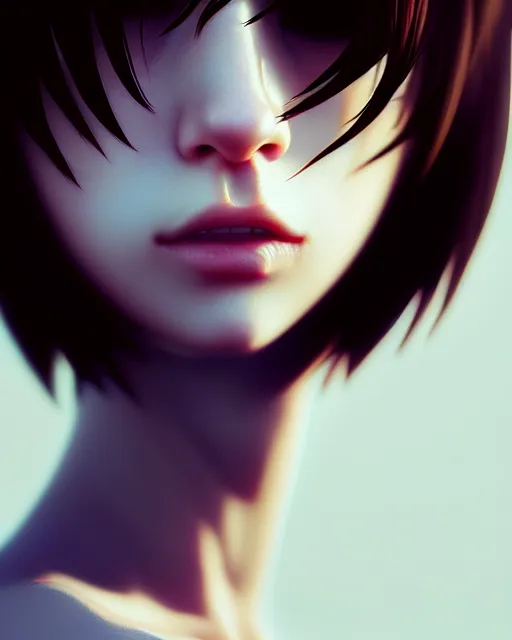 Image similar to full very close up neck shot of a beautiful loner girl, in tshirt and no makeup, demented, irish, by saruei and guweiz and ilya kuvshinov and george miller, digital art, highly detailed, intricate, sharp focus, trending on artstation hq, deviantart, pinterest, unreal engine 5, 4 k uhd image