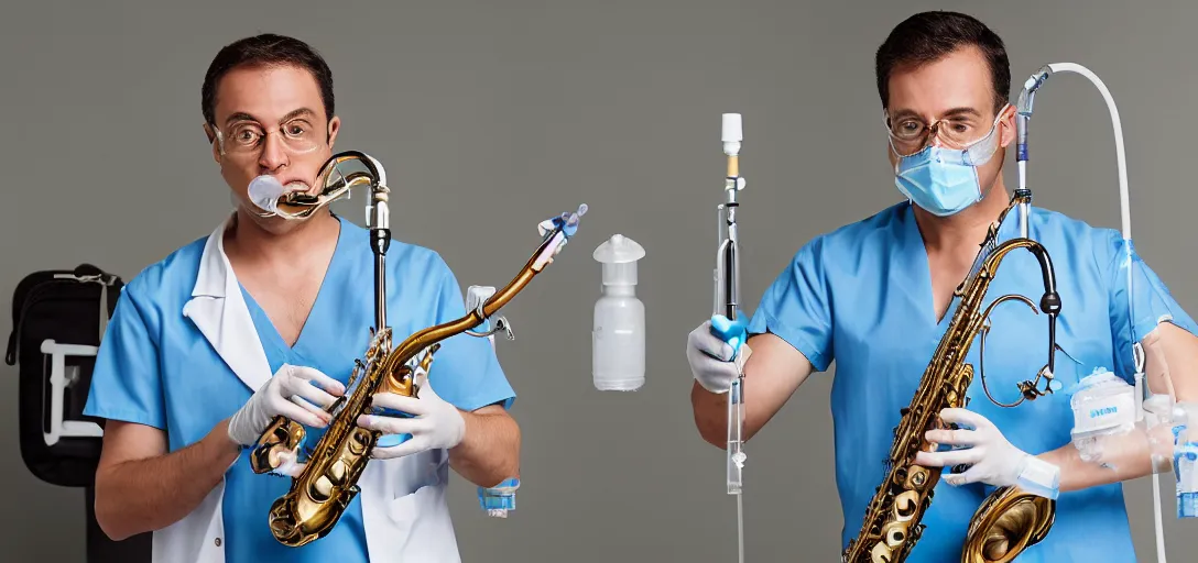 Image similar to doctor playing saxophone made out of clear tubing, syringes, urine collection bag, iv pole, fluid bag, nebulizer equipment, bag - valve mask, defibrillator, coban