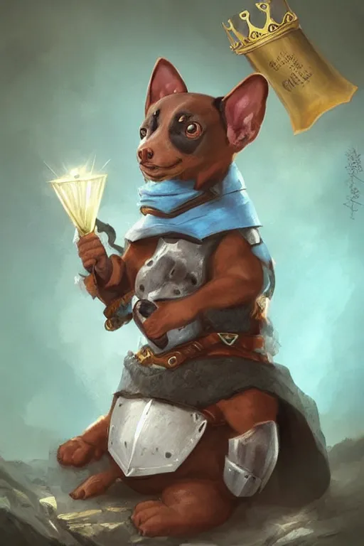 Image similar to cute anthropomorphic fat Pinscher knight wearing a cape and a crown, tiny, small, miniature bear, baby animal, short, pale blue armor, cute and adorable, pretty, beautiful, DnD character art portrait, matte fantasy painting, DeviantArt Artstation, by Jason Felix by Steve Argyle by Tyler Jacobson by Peter Mohrbacher, cinematic lighting