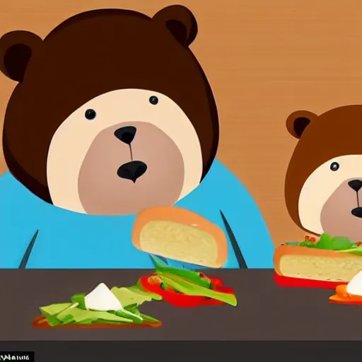 Prompt: two bears making sandwiches in the kitchen, miracle, photorealistic, very detailed, award winning photo, masterpiece