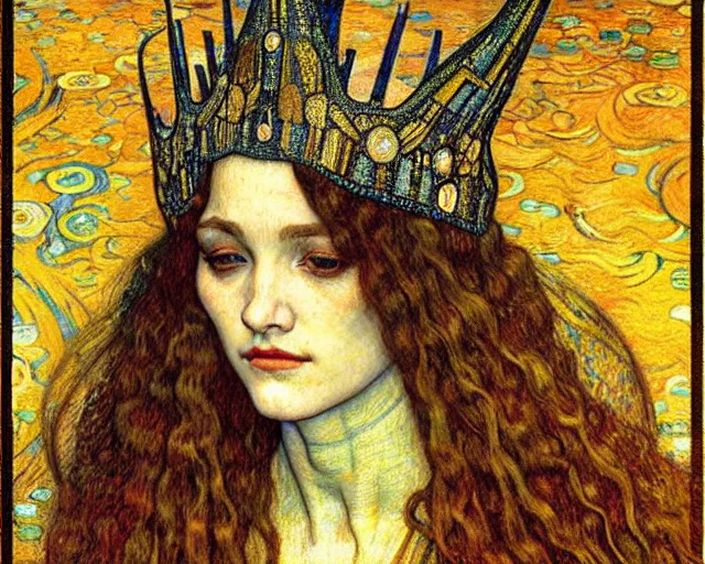 Image similar to detailed realistic beautiful young medieval queen face portrait by jean delville, gustav klimt and vincent van gogh, art nouveau, symbolist, visionary, gothic, pre - raphaelite, muted earthy colors, desaturated