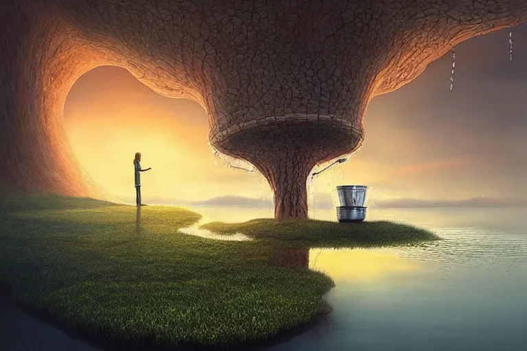 Image similar to a surreal landscape at sunset with a immense gigantic ornated iron chalice cup with a lake inside, water in excess dropping by gediminas pranckevicius