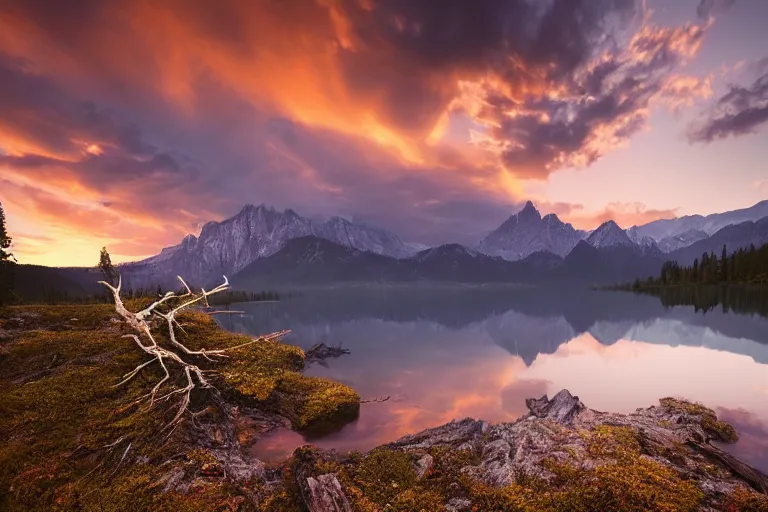 Image similar to beautiful very old photo of a landscape of mountains with lake and a dead tree in the foreground by Marc Adamus, sunset, dramatic sky, 1920