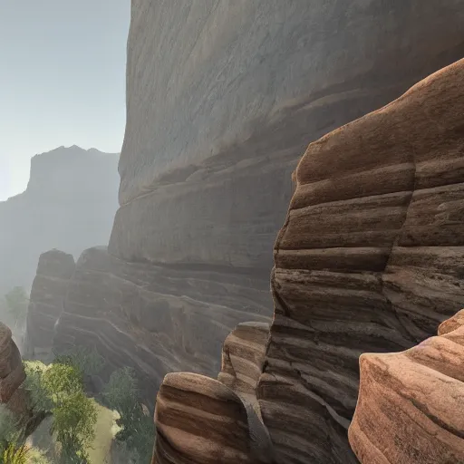 Image similar to canyon in between mountains, unreal engine, high detail, realism, award winning, detailed lighting